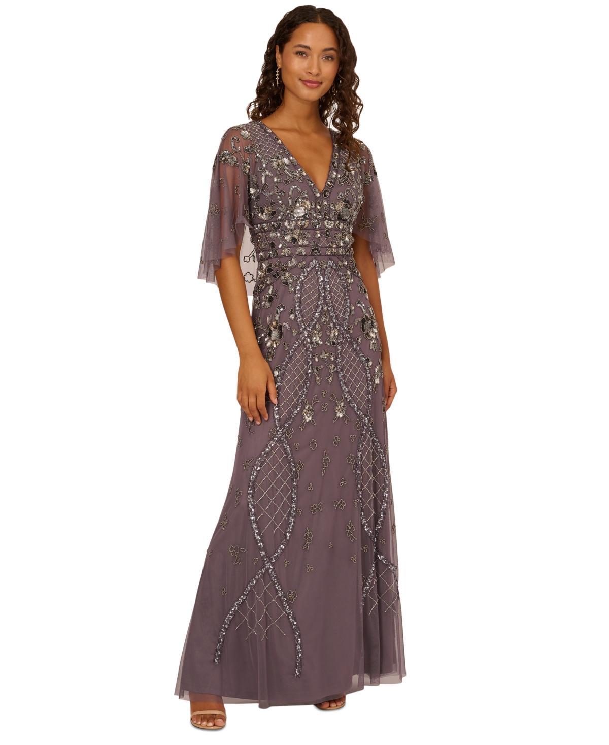 Adrianna Papell Womens Embellished Cape-Sleeve Gown Product Image