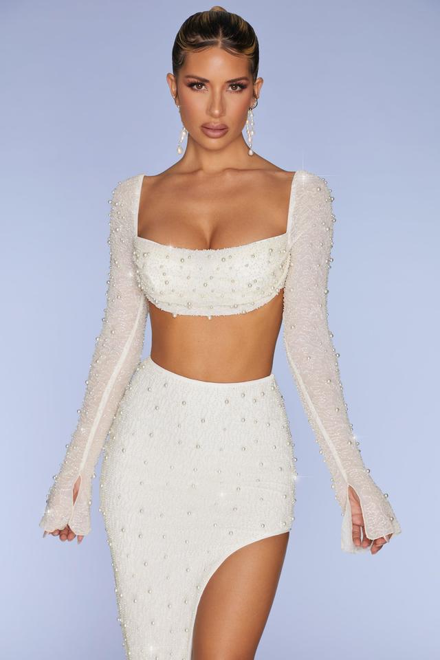 Embellished Cowl Neck Crop Top in Ivory Product Image