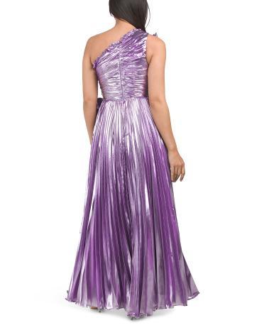 One Shoulder Pleated Gown With Rosette for Women Product Image