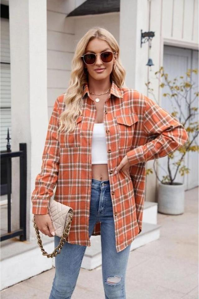 Women's New Casual Fashion Loose Plaid Pocket Shirt Product Image