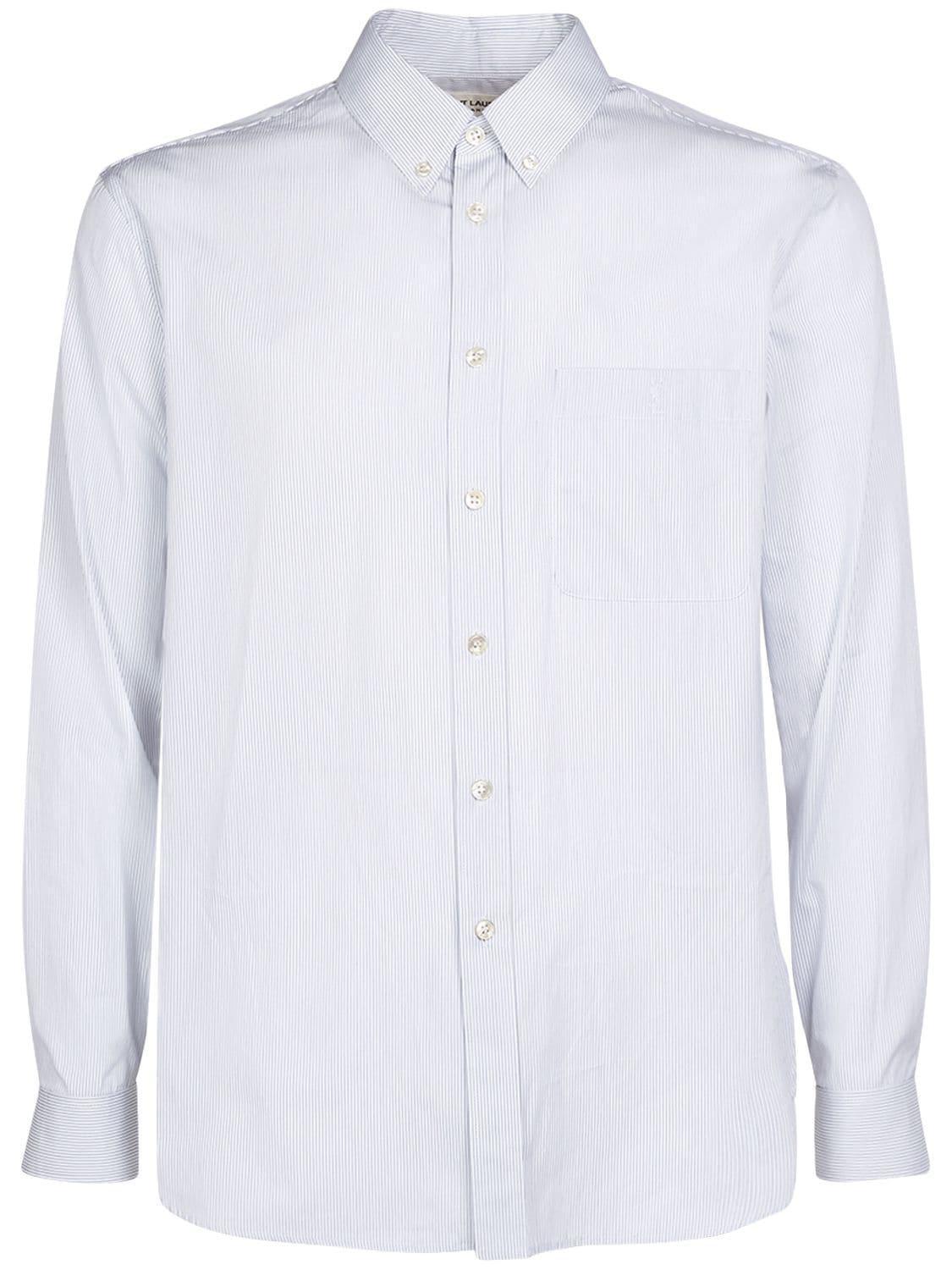 Embroidered Striped Cotton Shirt In White,blue Product Image