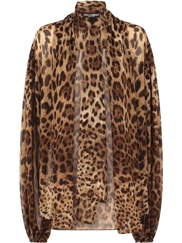 DOLCE & GABBANA Leopard-print Silk Pussy-bow Blouse In Beige Product Image