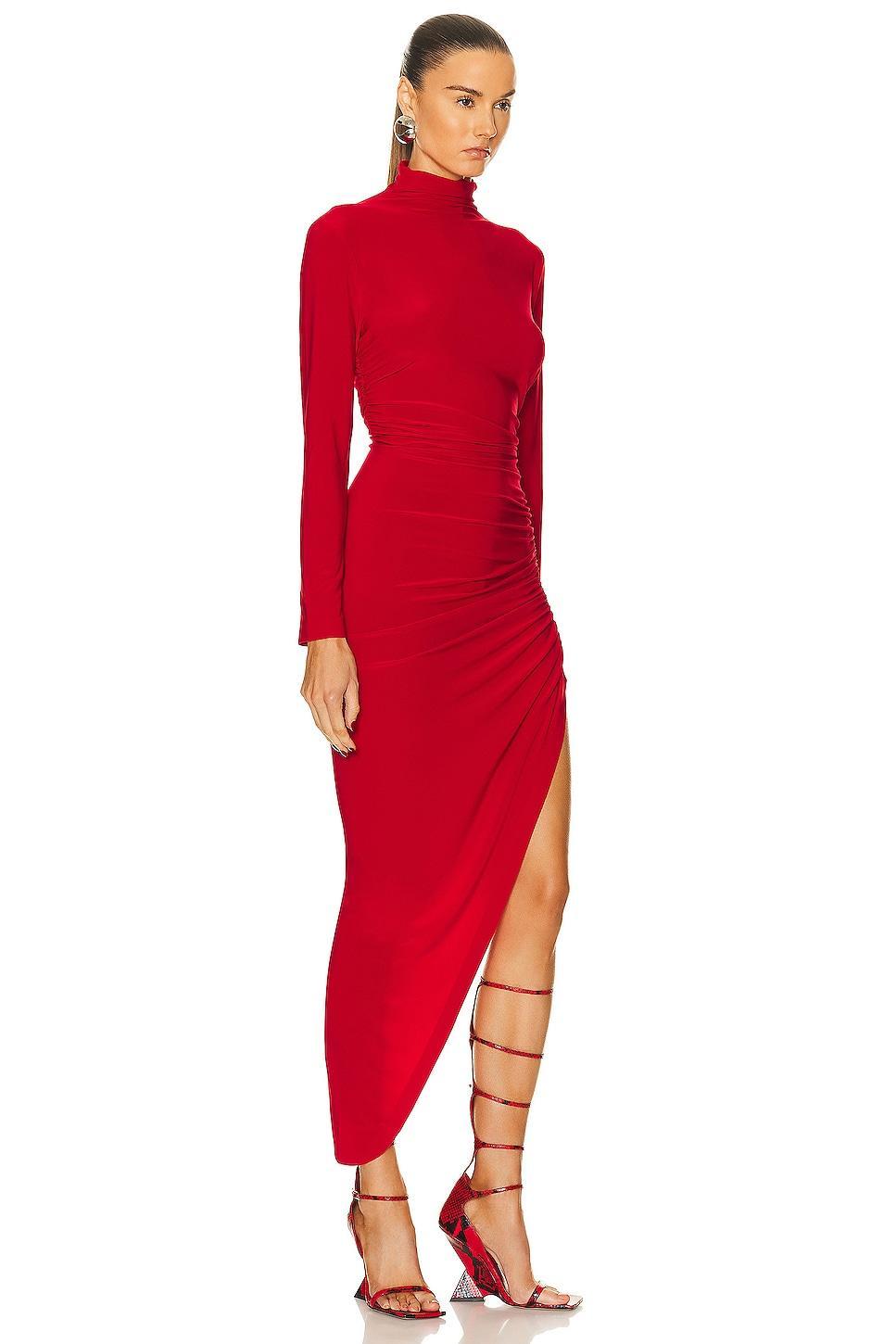 Norma Kamali Long Sleeve Turtleneck Side Drape Gown in Tiger Red - Red. Size XL (also in L, M, S, XS). Product Image