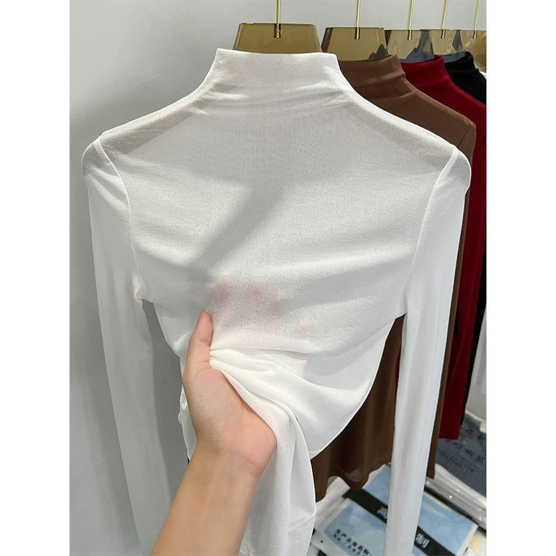 Long-Sleeve Mock Neck Plain Mesh Slim Fit Top Product Image