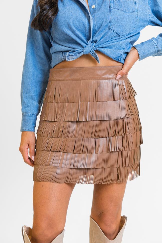 Follow Your Arrow Brown Faux Leather Fringe Skirt Product Image