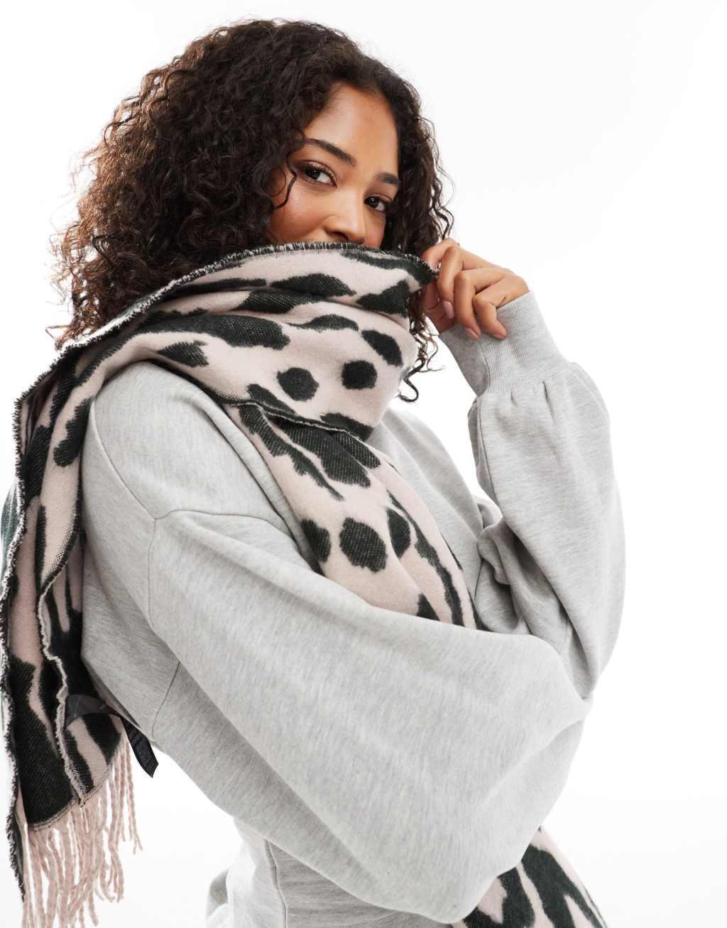 ASOS DESIGN scarf with leopard jacquard in light pink and charcoal Product Image