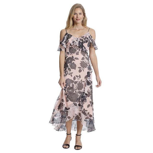 Petite London Times Print Cold Shoulder Ruffle Maxi Dress, Womens Pink Product Image