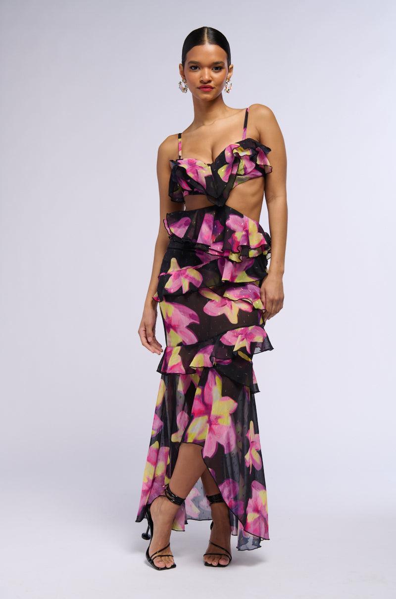 BRING MAY FLOWERS RUFFLED MIDI DRESS Product Image