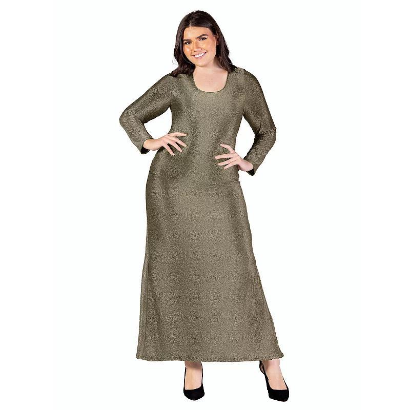 Plus Size 24Seven Comfort Apparel Fitted Long Sleeve Shimmery Fabric Side Slit Maxi Dress, Womens Product Image