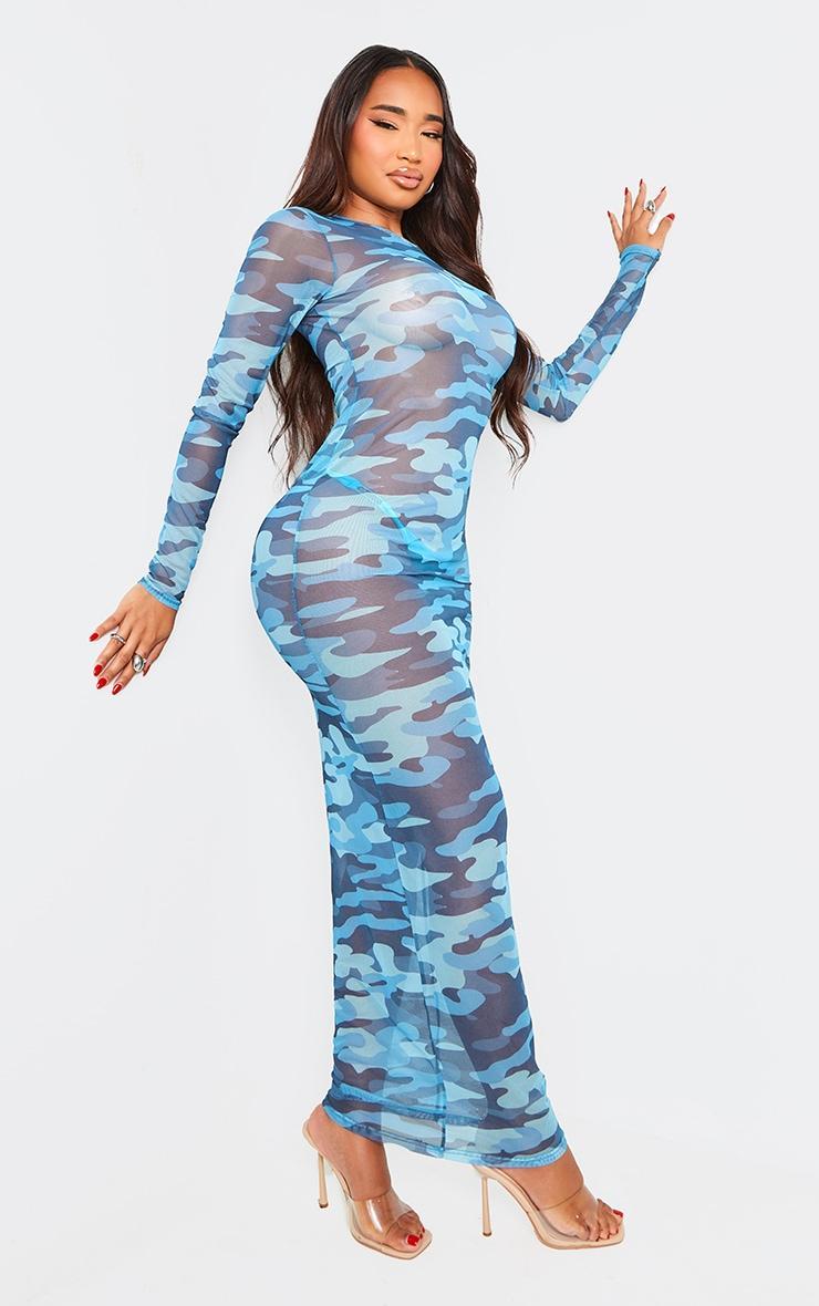 Shape Blue Mesh Camo Print Long Sleeve Maxi Dress Product Image