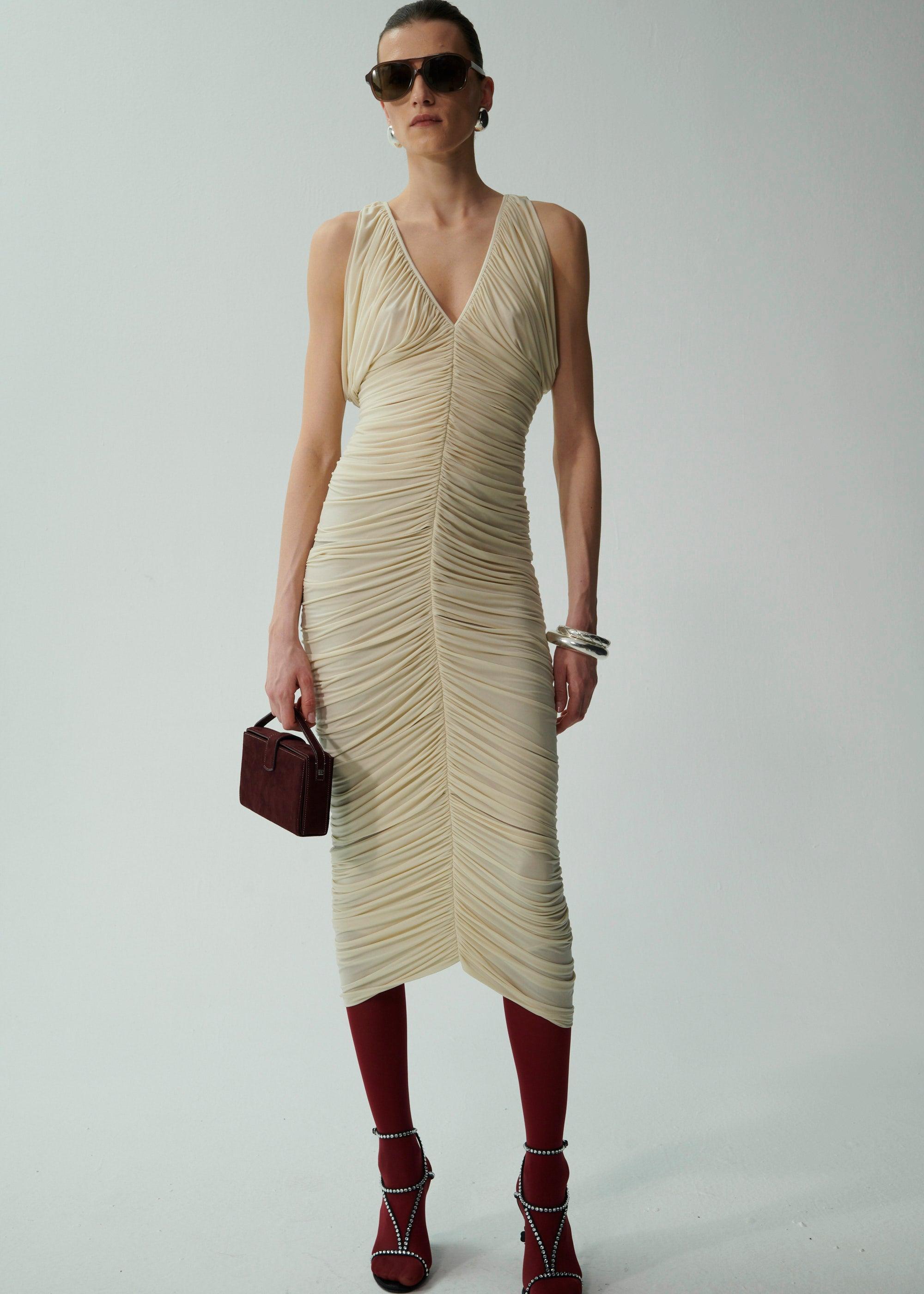 Ruched v neck midi dress in beige Product Image