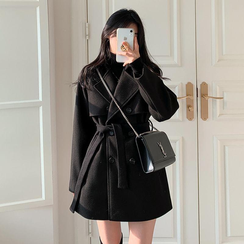 Collar Plain Sashed Double-Breasted Trench Coat Product Image