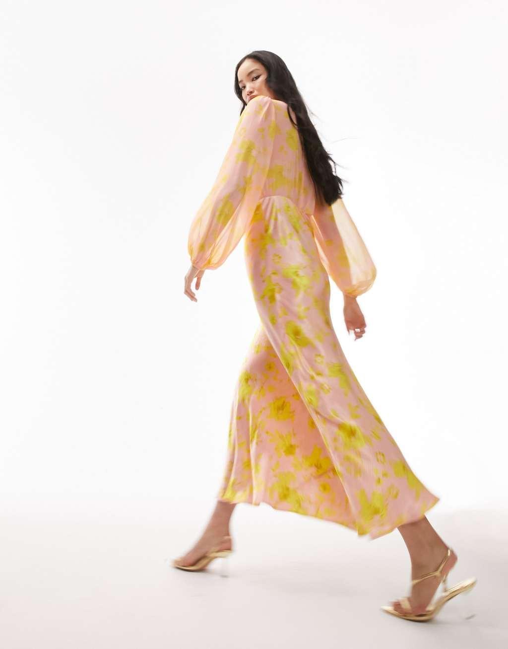 Topshop long sleeve satin maxi dress with bust seam Product Image