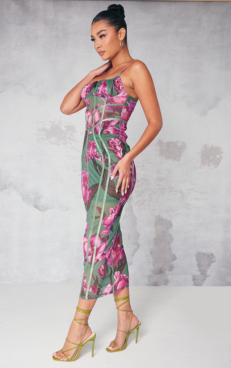 Green Floral Print Mesh Binding Detail Midaxi Dress Product Image