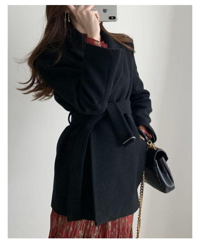 Peak Lapel Plain Belted Coat Product Image