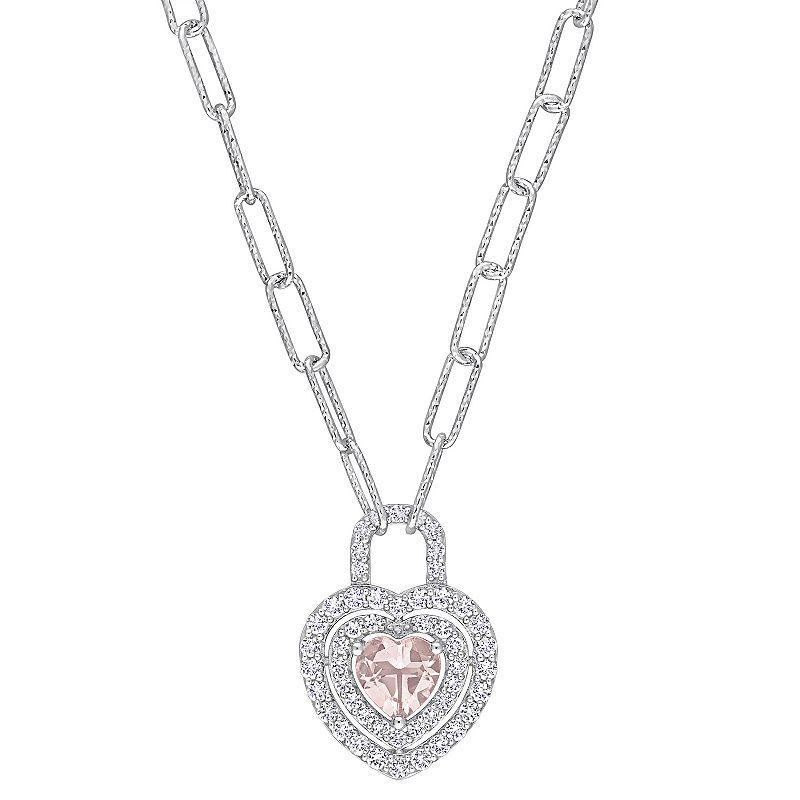 Stella Grace Sterling Silver Morganite & Created White Sapphire Double Halo Heart Lock Pendant Necklace, Womens Product Image