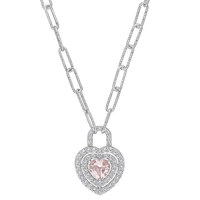 Stella Grace Sterling Silver Morganite & Created White Sapphire Double Halo Heart Lock Pendant Necklace, Womens Pink Product Image