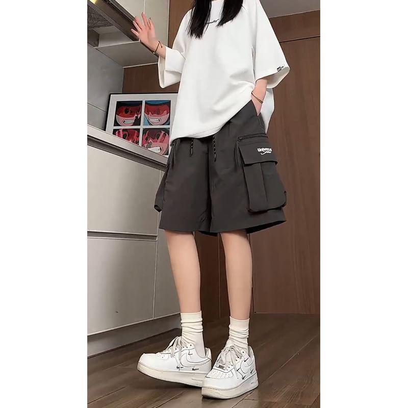 Drawstring Waist Plain Cargo Sweat Shorts Product Image