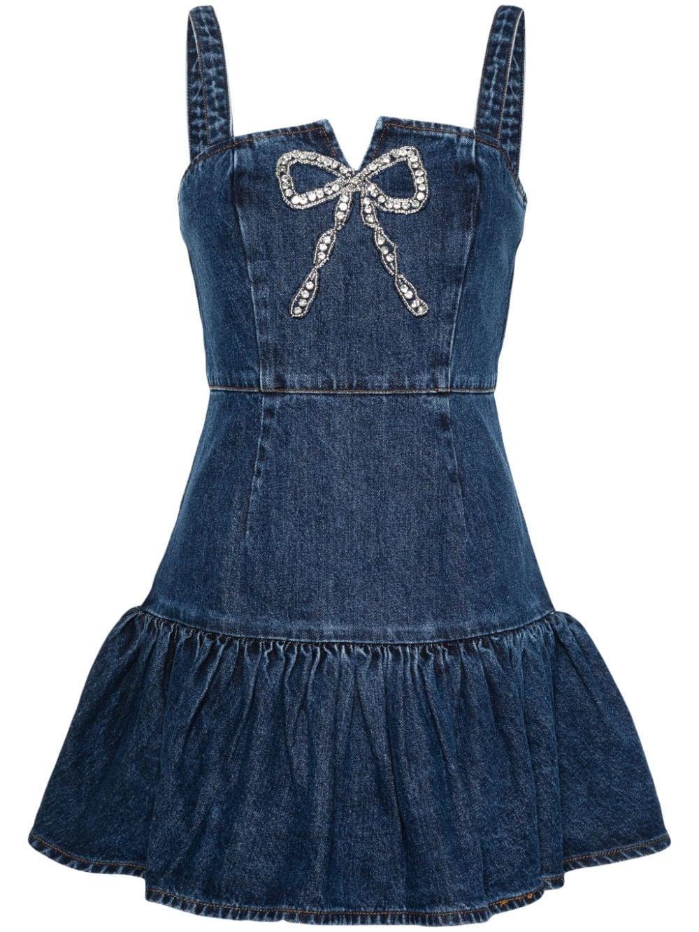 Bow-embellished Denim Mini Dress In Blue Product Image