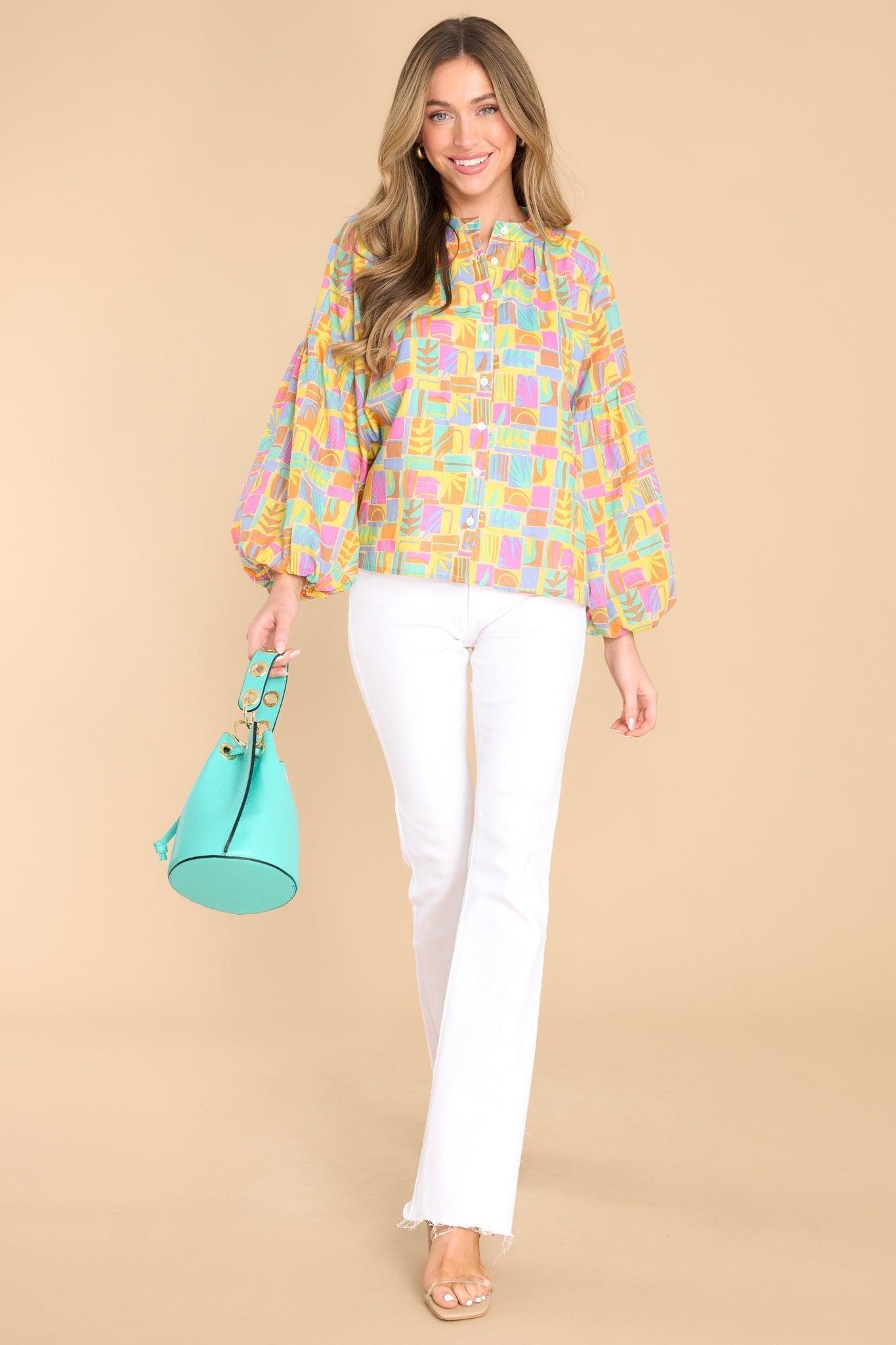 Emory South Beach Print Cotton Button Front Top Yellow Product Image