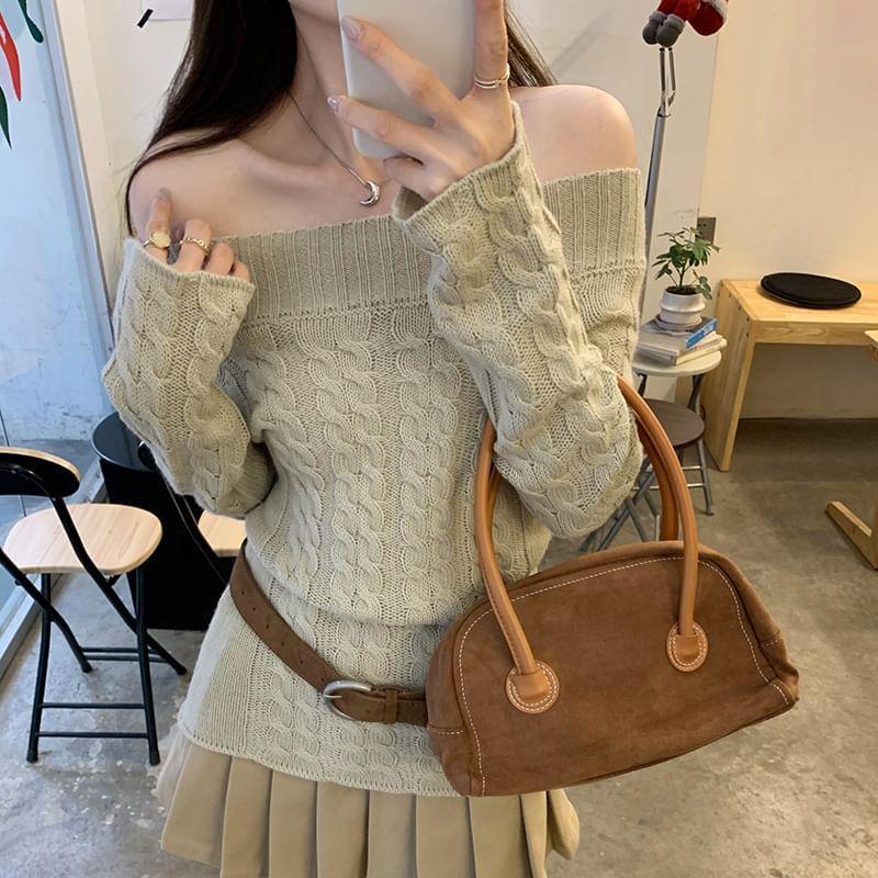 Long Sleeve Off Shoulder Plain Cable Knit Top Product Image