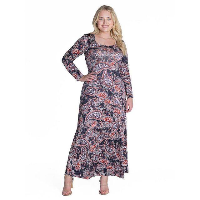 Plus Size 24seven Comfort Apparel Long Sleeve Black Paisley A-Line Maxi Dress, Womens Product Image