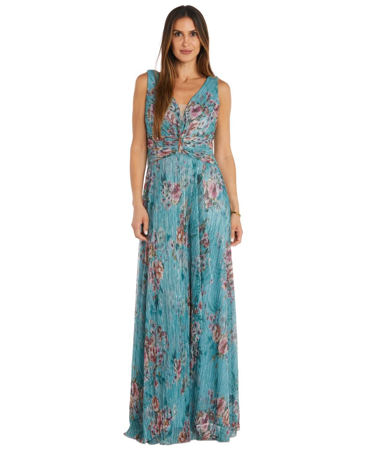 R & M Richards Womens Metallic Floral Print Sleeveless Gown Product Image