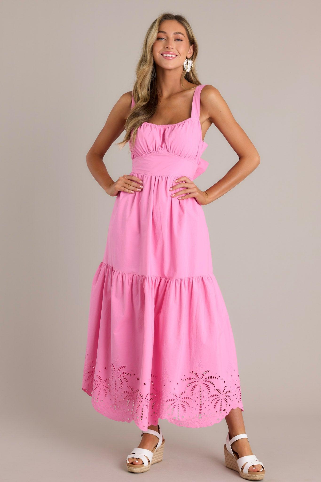 Garden Breeze 100% Cotton Pink Eyelet Midi Dress Product Image