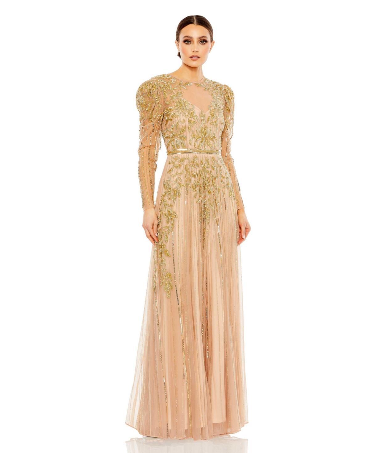 Womens Beaded Illusion Puff-Sleeve Gown Product Image