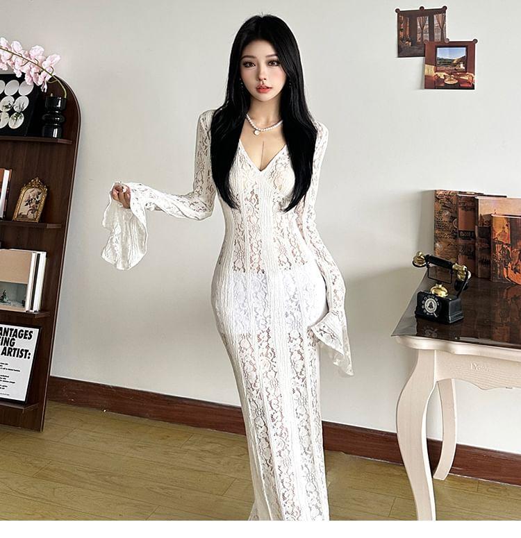 Long Sleeve V-Neck Lace Mermaid Maxi Dress Product Image