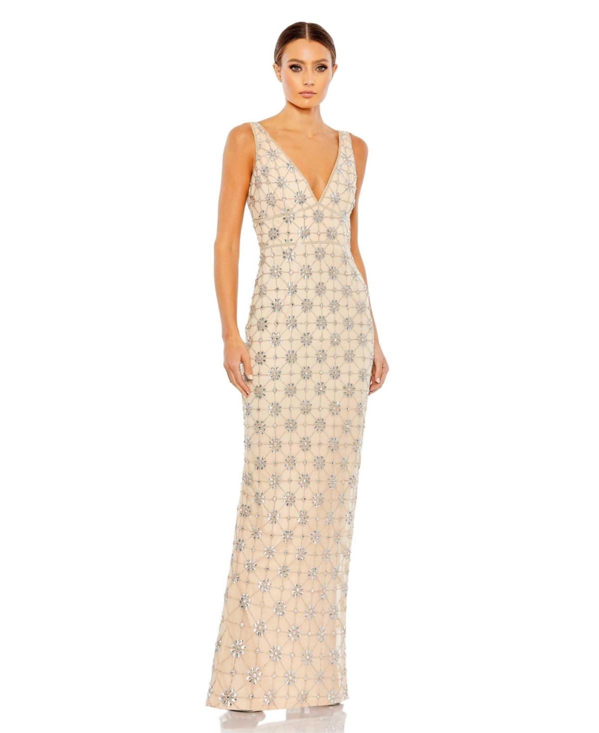 Womens Embellished V-Neck Column Gown Product Image