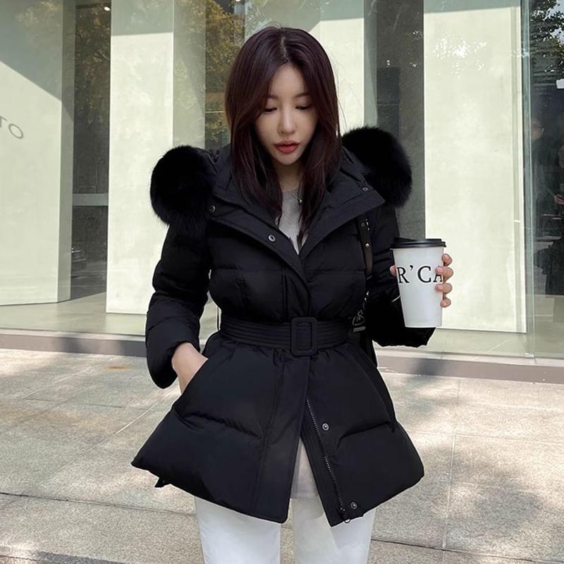 Stand Collar Plain Fluffy Trim Hood Zip Belted Puffer Jacket Product Image