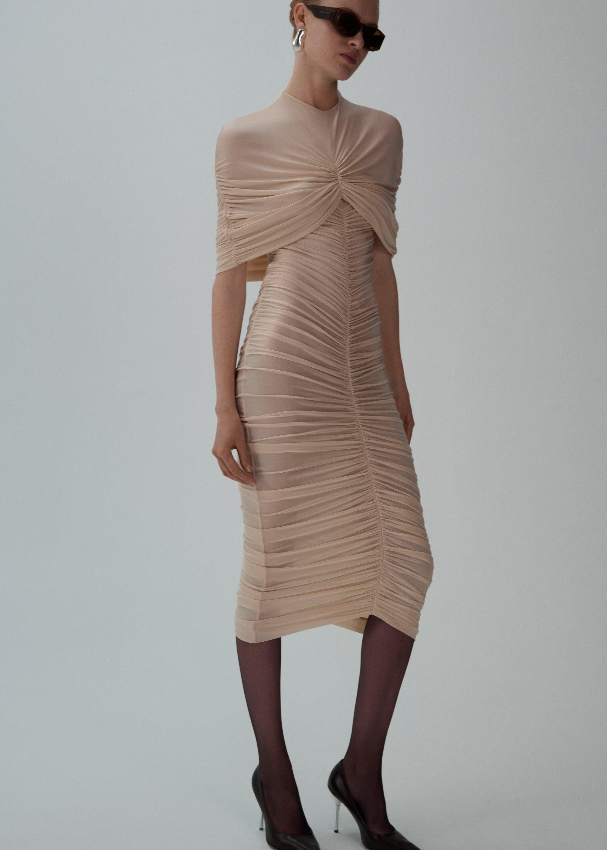 Ruched cape midi dress in beige Product Image