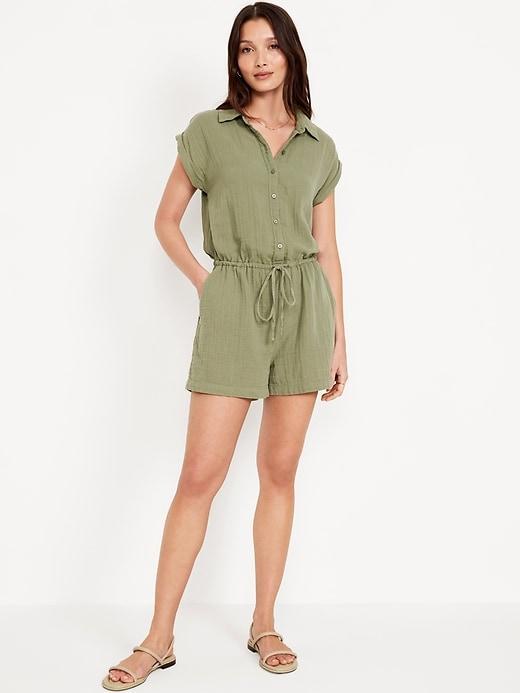 Waist-Defined Crinkle Gauze Romper -- 3-inch inseam Product Image