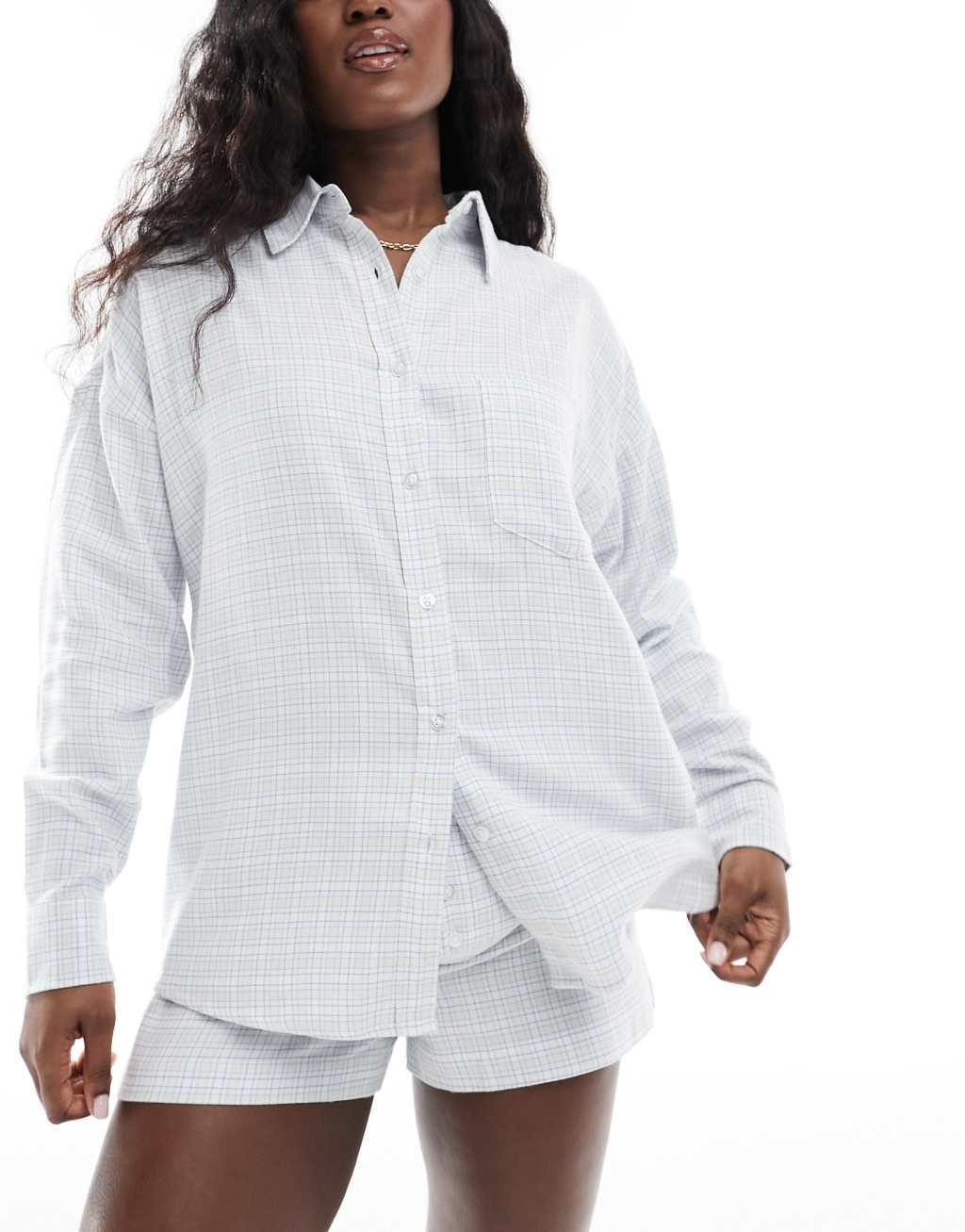 Cotton On flannel plaid oversized pajama shirt in panna cotta  Product Image