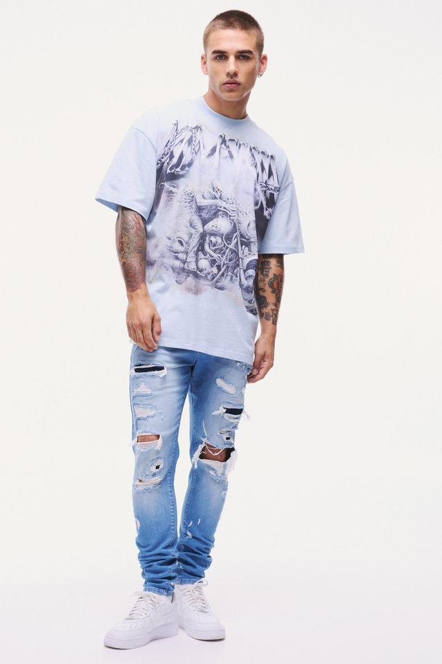 Skinny Stretch All Over Rip Bleached Denim Jean In Light Blue | boohooMAN USA Product Image