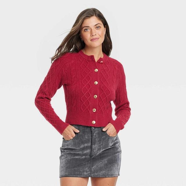 Women's Cashmere-Like Cable Stitch Cardigan - Universal Thread™ Maroon M Product Image