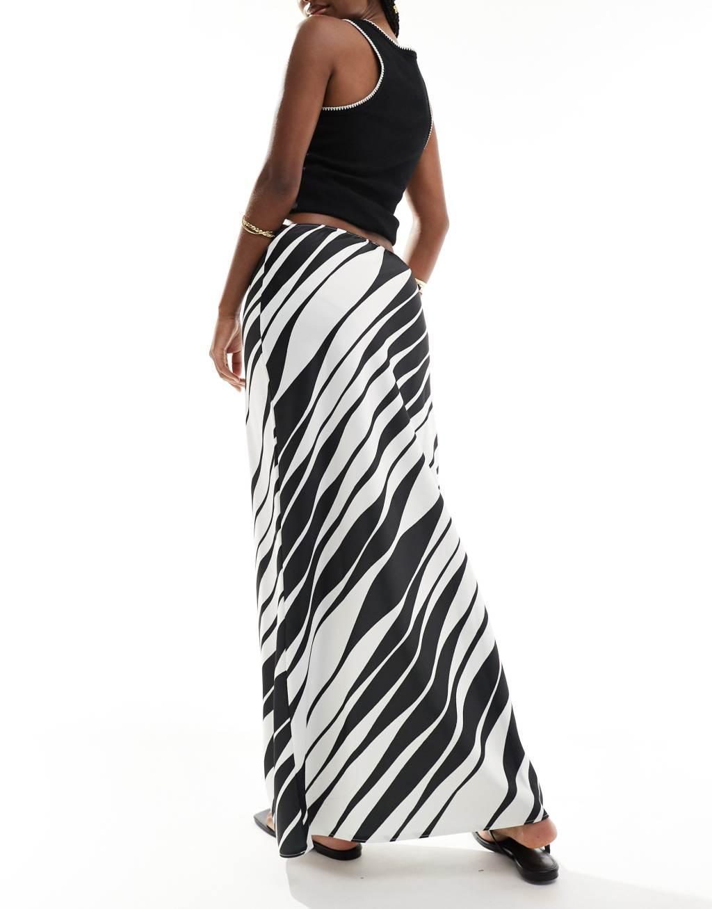 ASOS DESIGN satin bias cut maxi skirt in black and white abstract stripe Product Image