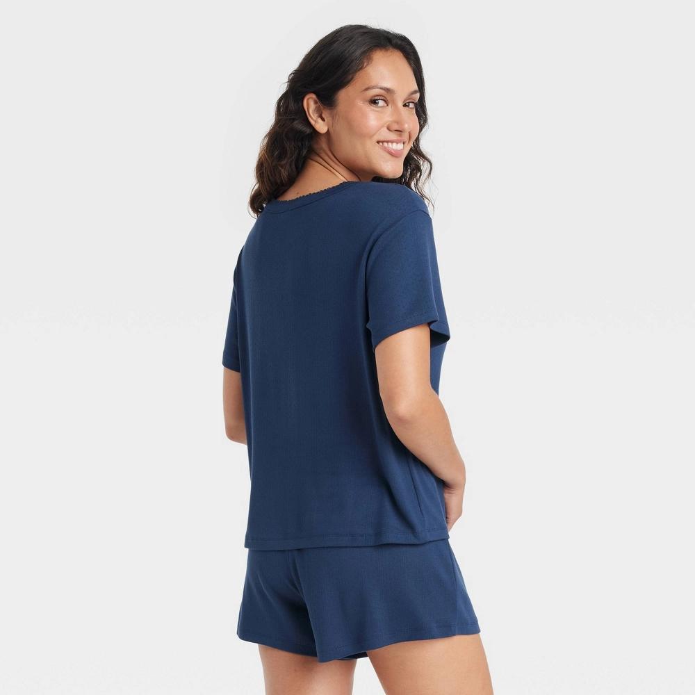 Women's Pointelle Short Sleeve Top and Shorts Pajama Set - Auden™ Navy Blue XS Product Image