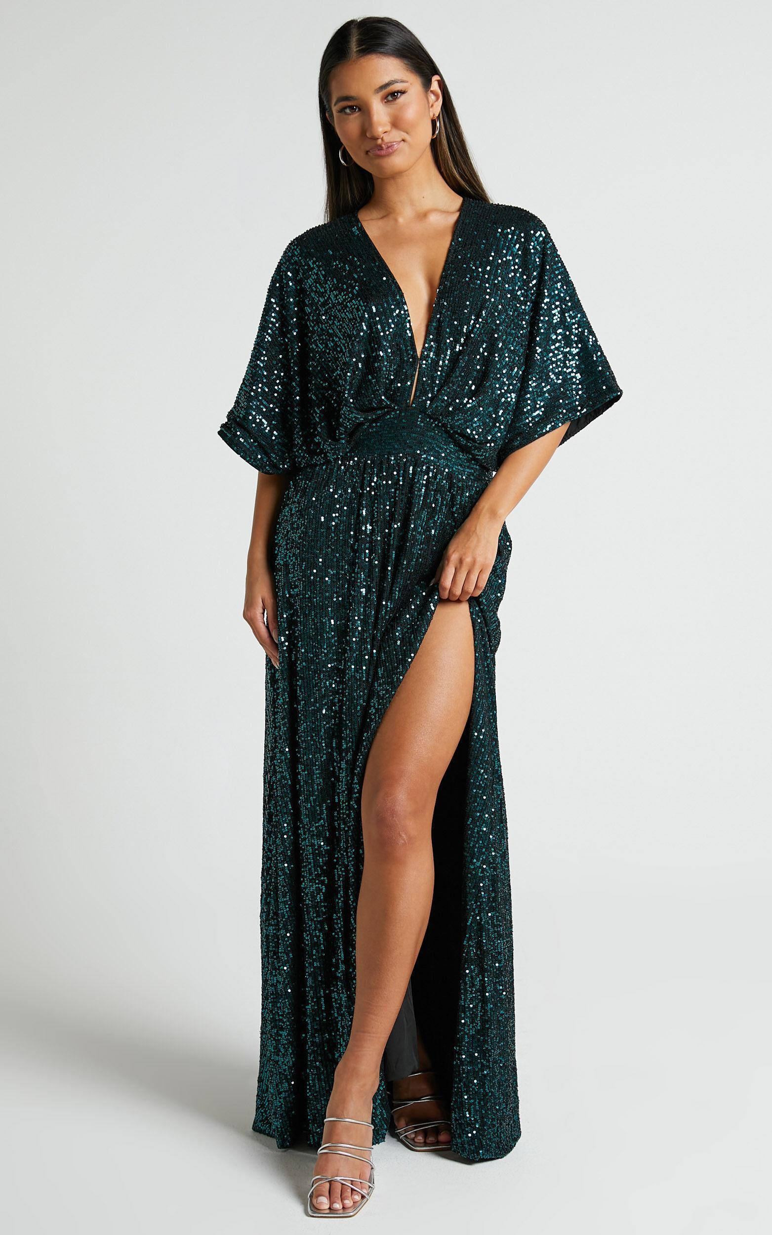 Miyah Maxi Dress - Sequin Plunge Short Sleeve Dress in Emerald product image