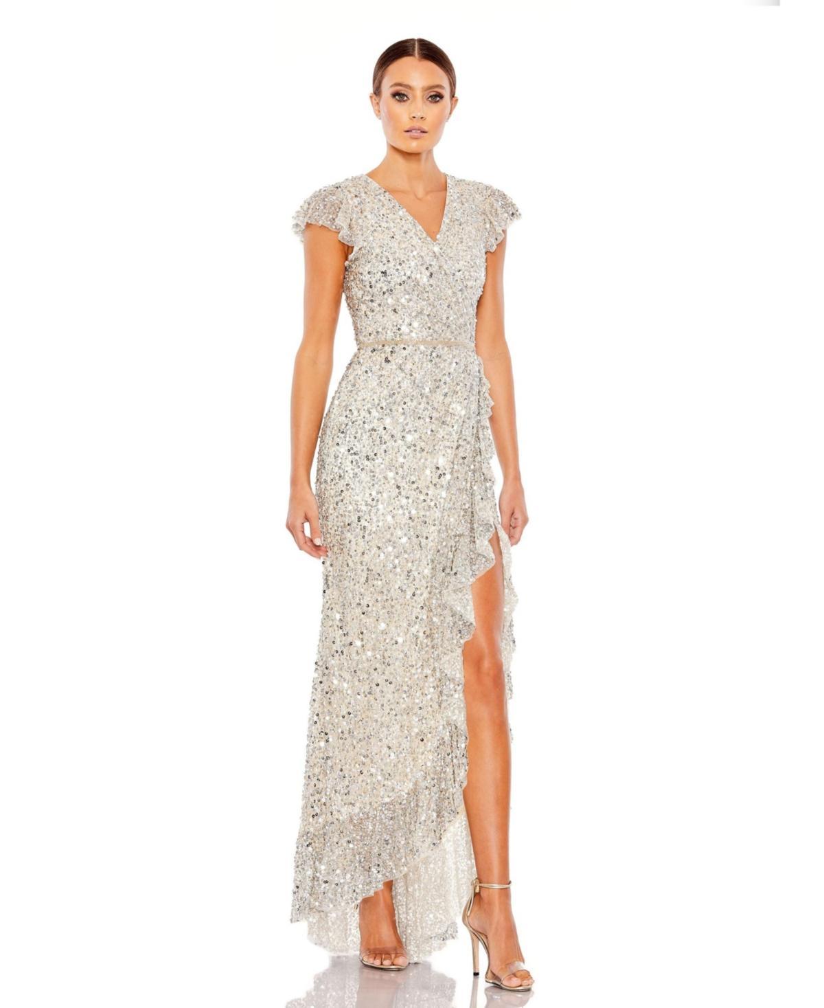 Womens Sequined Faux Wrap Ruffle Cap Sleeve Gown Product Image