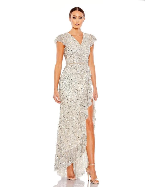 Mac Duggal Sequined Faux Wrap Ruffle Cap Sleeve Gown Product Image