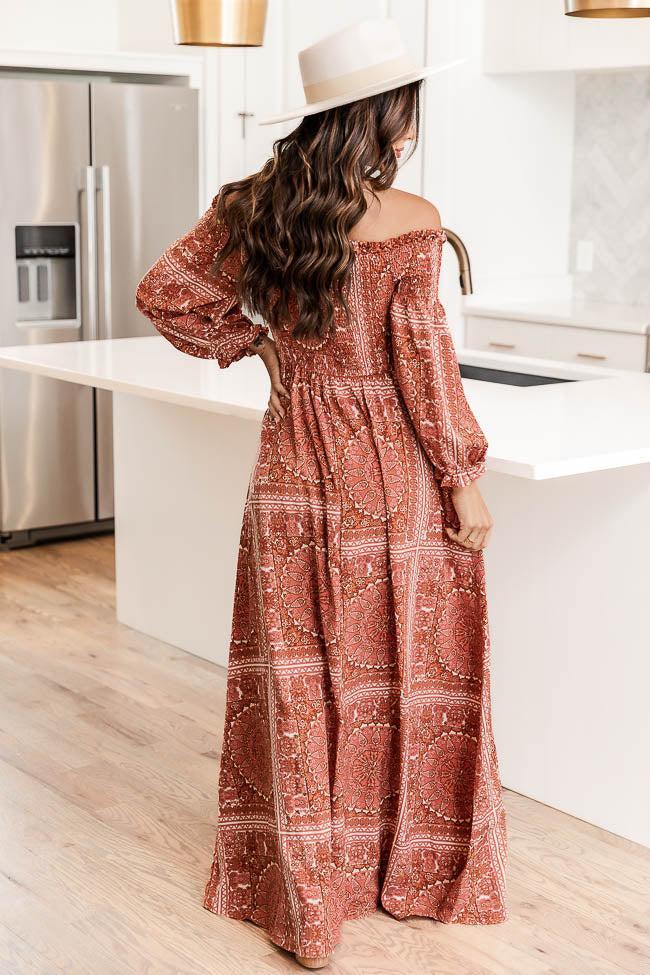 Sounds In My Mind Brick Smocked Bust Off The Shoulder Printed Maxi Dress Product Image