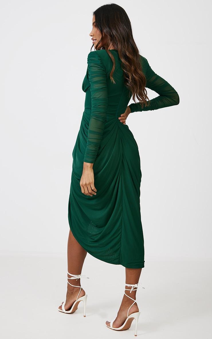 Emerald Green Mesh Ruched Long Sleeve Draped Midi Dress Product Image