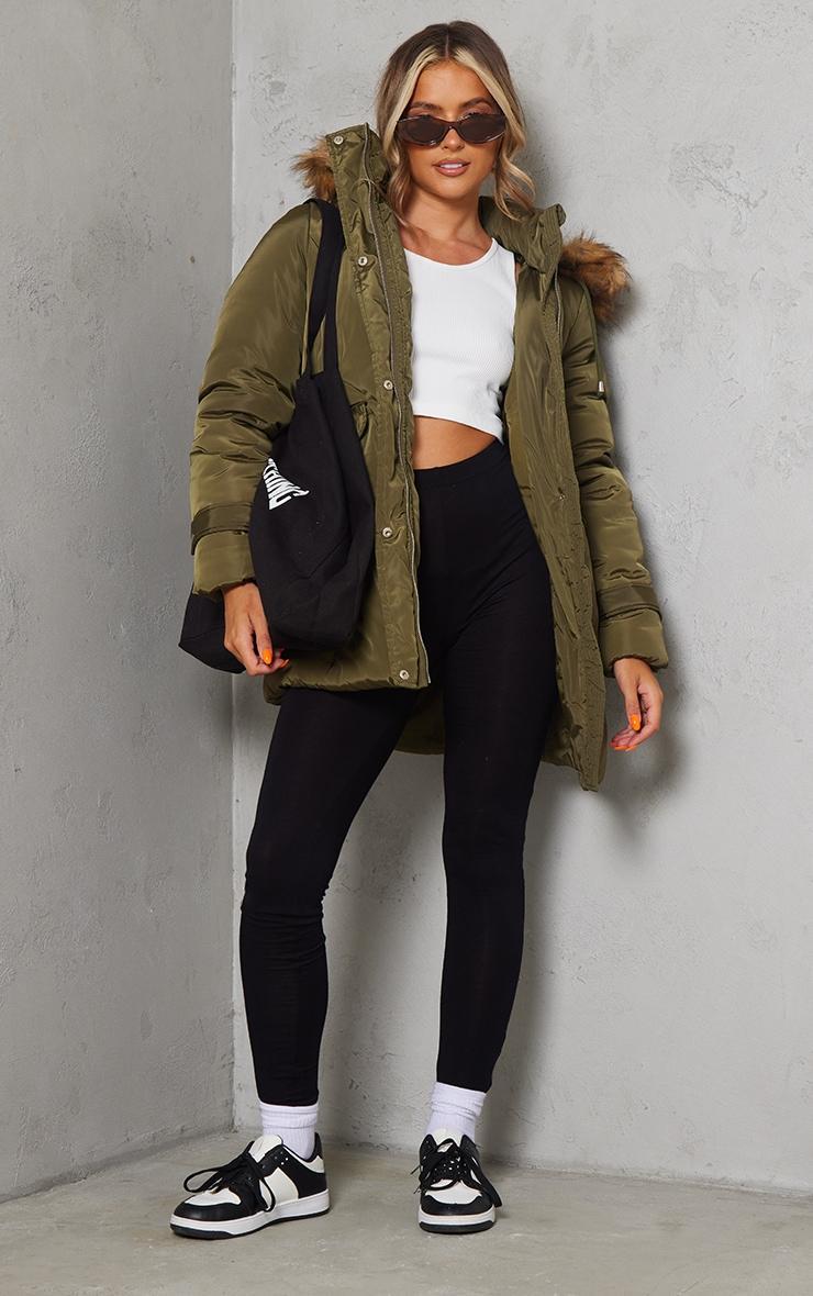 Khaki Faux Fur Hooded Elasticated Waist Longline Parka Product Image