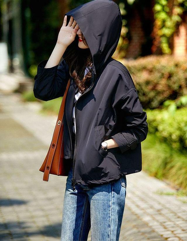 Plain Hooded Drawstring Hem Zip-Up Jacket Product Image