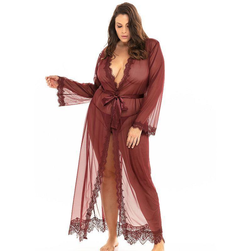 Plus Size Oh La La Cheri Provence Eyelash-Lace Floor-Length Robe 95-11136X, Womens Product Image