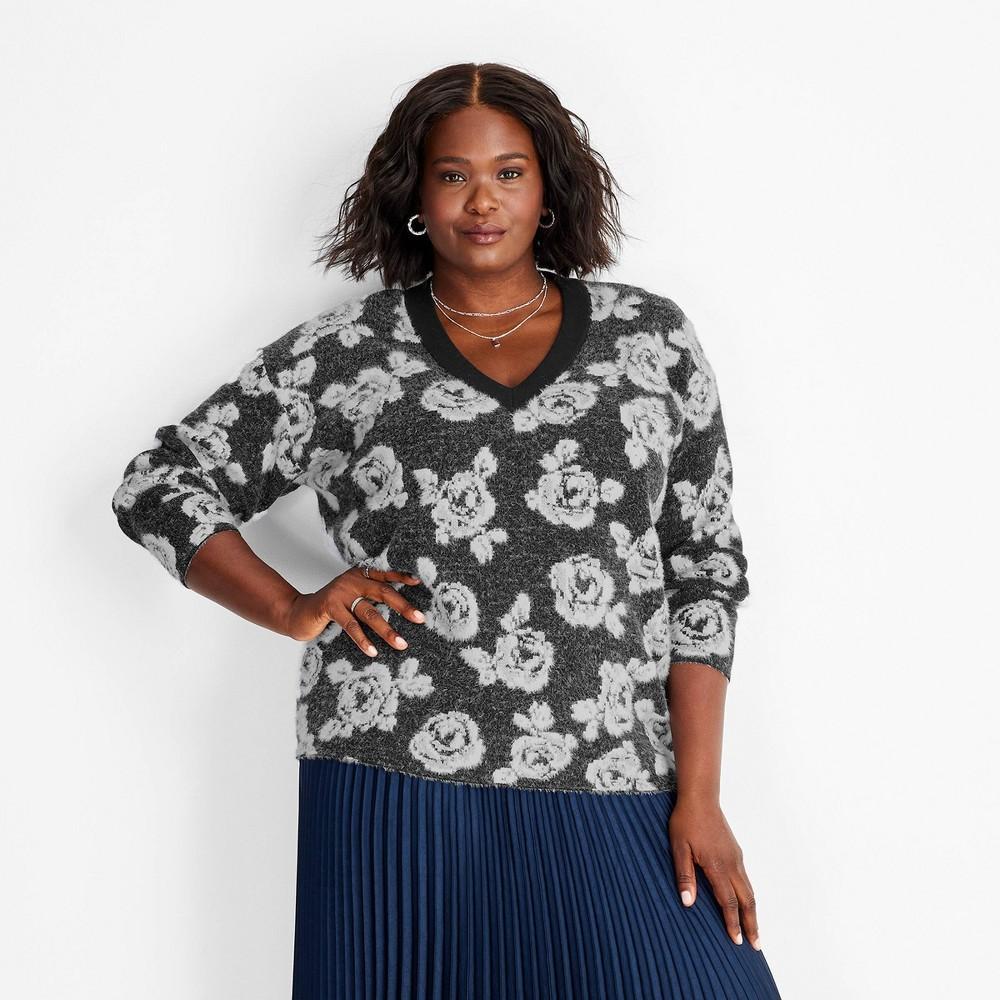 Womens V-Neck Rose Print Sweater - Future Collective Black Floral Product Image