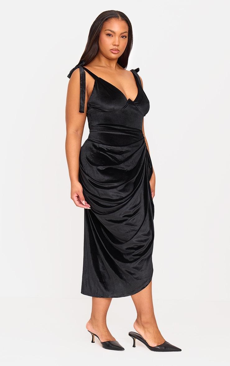 Plus Black Underwire Detail Velvet Draped Midi Dress Product Image