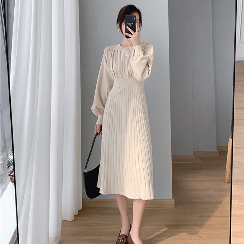 Long-Sleeve Crewneck Plain Knit Midi A-Line Dress Product Image